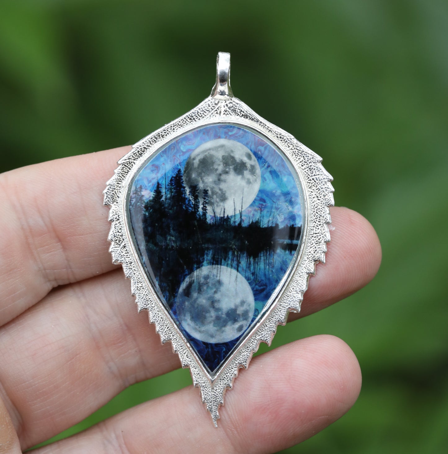 Handmade Birch Leaf pendant with Beautiful Image Featuring the Moon and te Carina Nebula