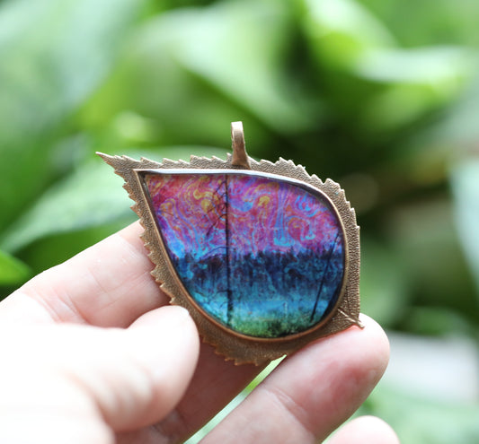 Handmade Birch Leaf pendant with Beautiful Image Featuring a pond