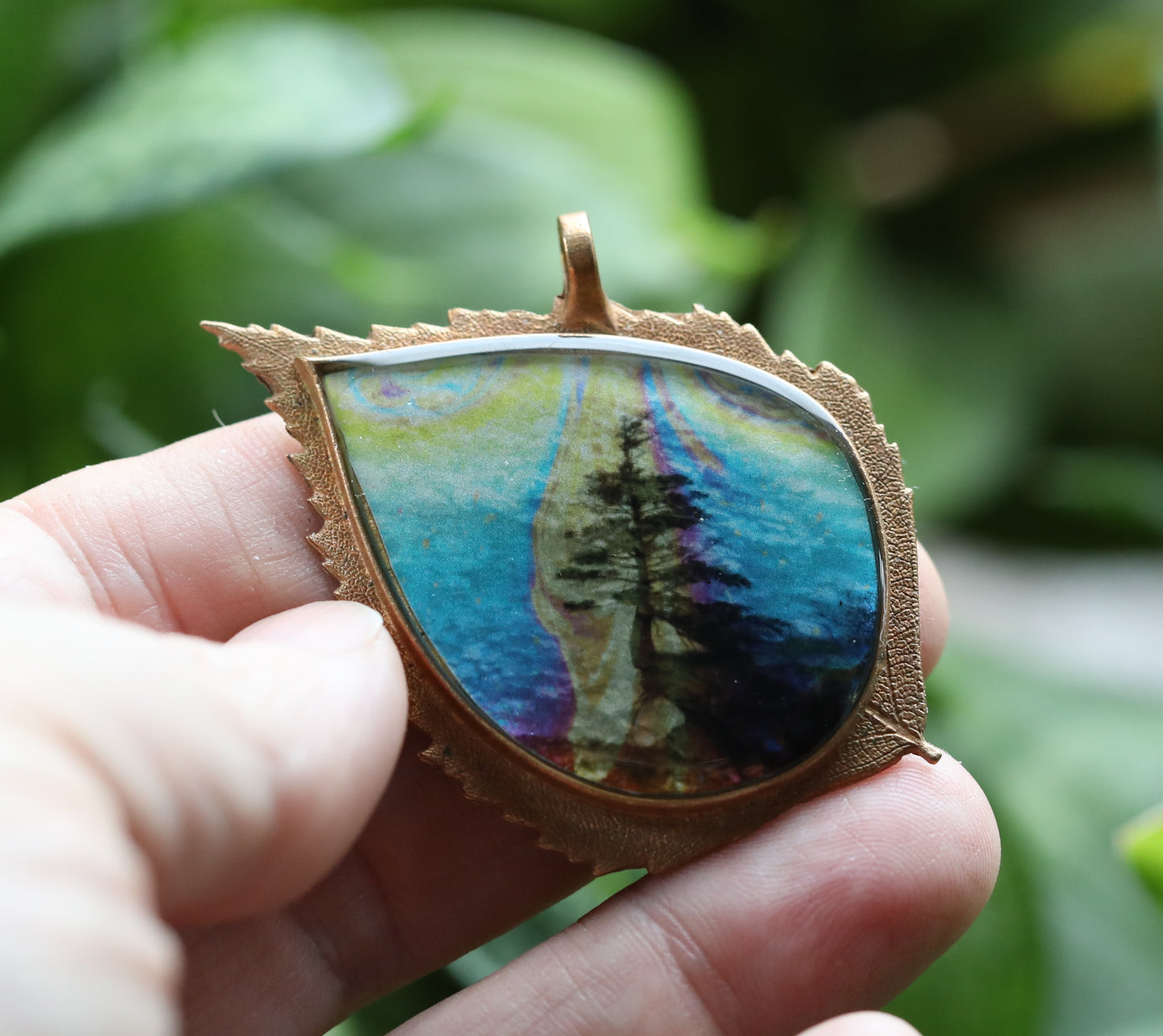 Handmade Birch Leaf pendant with Beautiful Image Featuring a tree