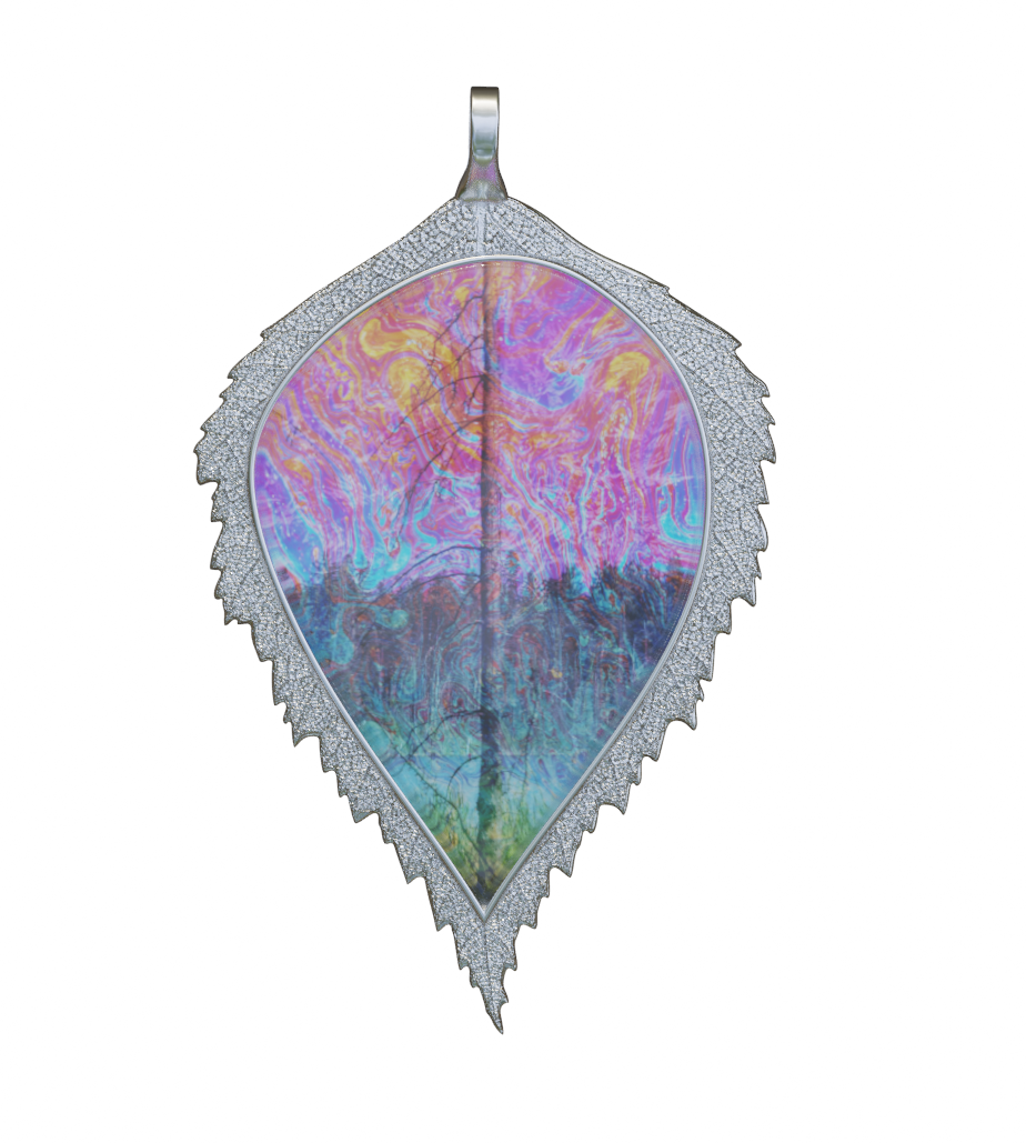 Handmade Birch Leaf pendant with Beautiful Image Featuring a pond