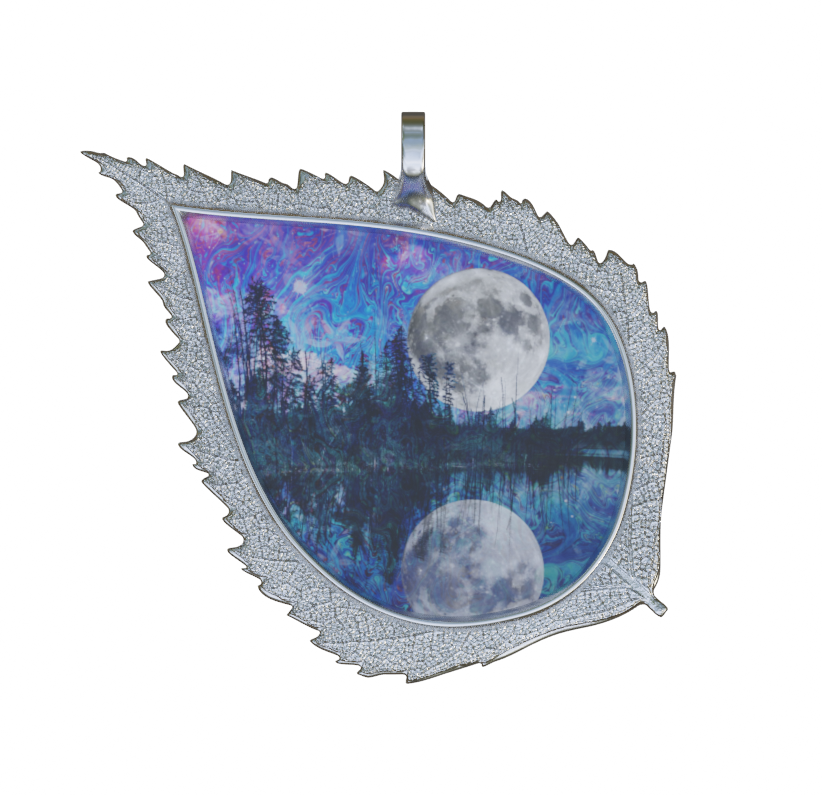 Handmade Birch Leaf pendant with Beautiful Image Featuring the Moon and te Carina Nebula