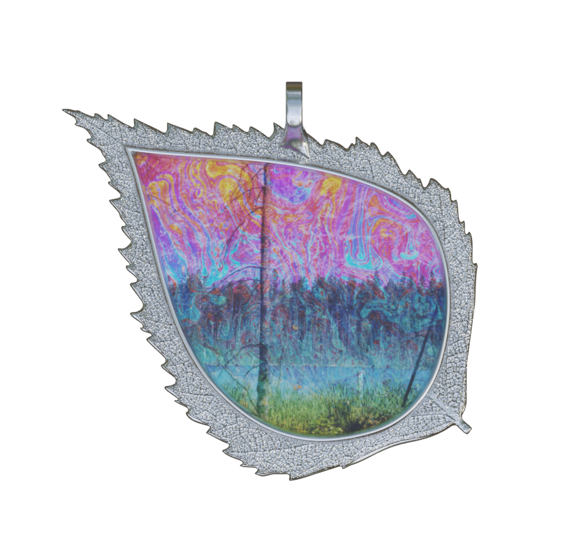 Handmade Birch Leaf pendant with Beautiful Image Featuring a pond