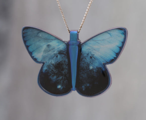 Blue Morpho with Stars - Pendant made with photo of a Butterfly's wing, a Tree and a Galaxy