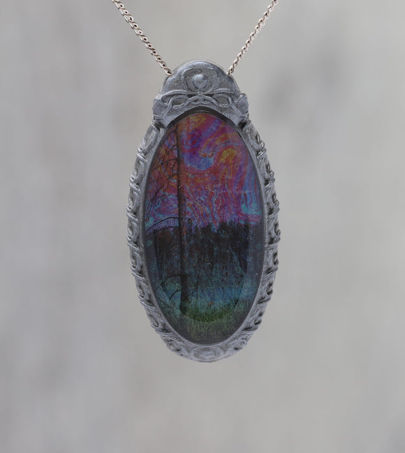Spirited Pond  - Glow-in-the-dark pendant with a beautiful image of trees in a hand-made bezel